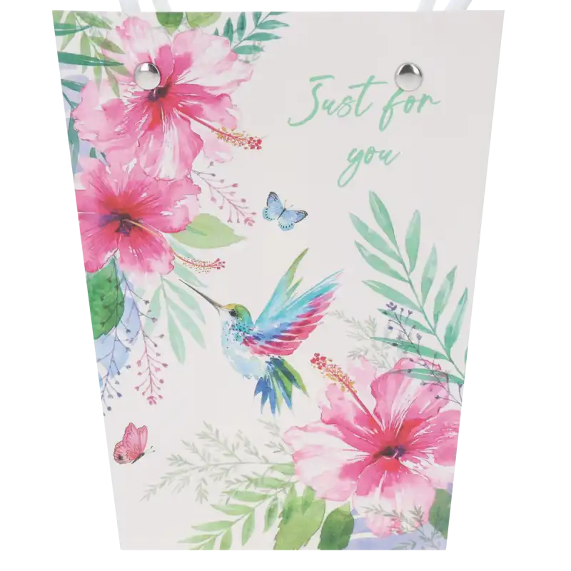 Zbliżenie na nadruk z motywem kwiatów hibiskusa, kolibra i napisem Just For You na papierowym materiale.
