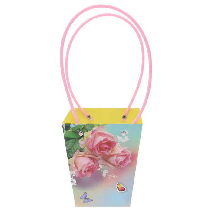 Papierowa torebka kwiatowa w róże o wymiarach 34x15x12 cm z różowymi uchwytami, prezentowana w widoku frontalnym na białym tle.
