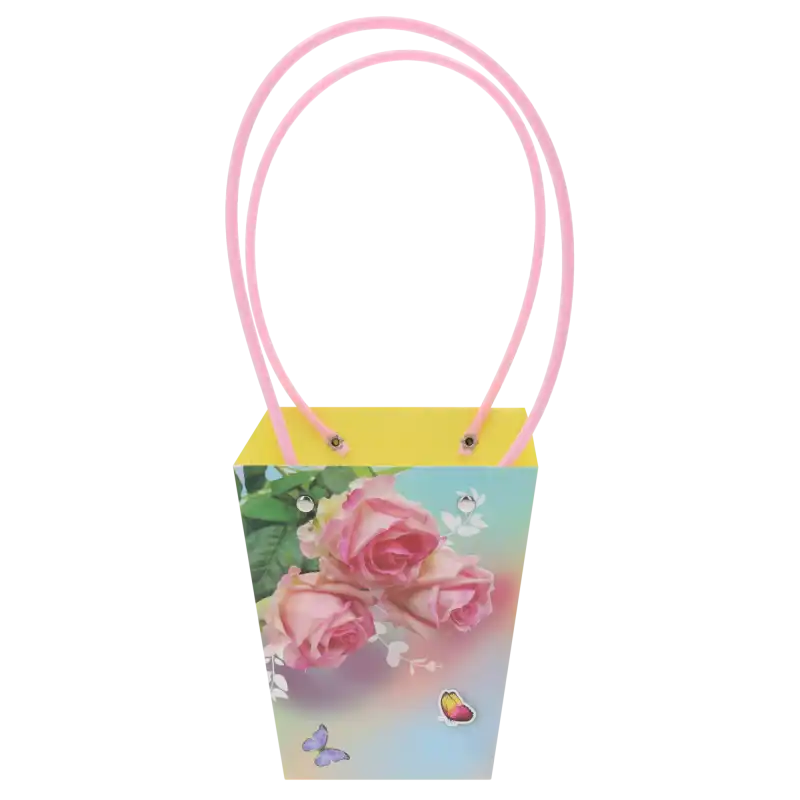 Papierowa torebka kwiatowa w róże o wymiarach 34x15x12 cm z różowymi uchwytami, prezentowana w widoku frontalnym na białym tle.