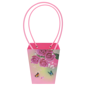 Papierowa torebka kwiatowa 34x15x12 cm z nadrukiem róż i motyli. Posiada różowe uchwyty do przenoszenia bukietów.