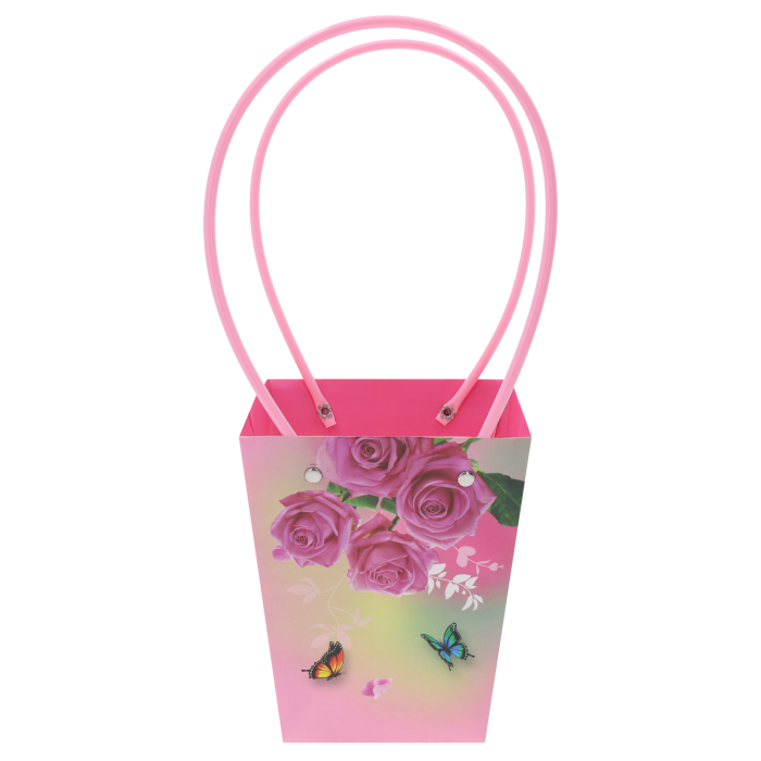 Papierowa torebka kwiatowa 34x15x12 cm z nadrukiem róż i motyli. Posiada różowe uchwyty do przenoszenia bukietów.