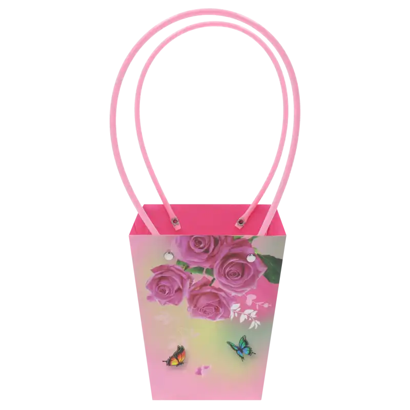 Papierowa torebka kwiatowa 34x15x12 cm z nadrukiem róż i motyli. Posiada różowe uchwyty do przenoszenia bukietów.