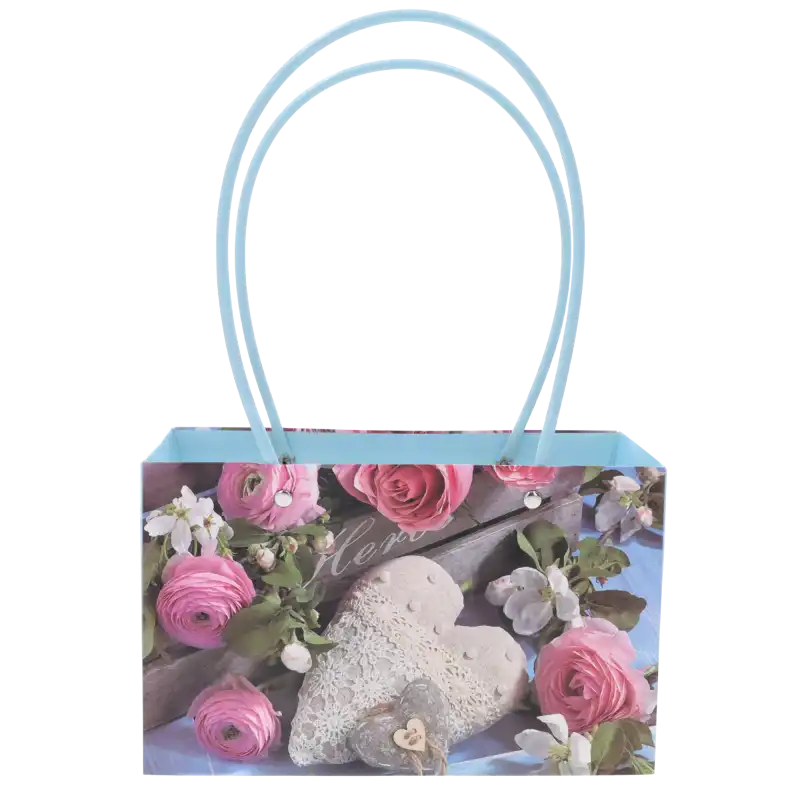 Prostokątna torebka kwiatowa 32x22x11 cm z dekoracyjnym nadrukiem kwiatów i serc. Elegancki produkt z wygodnymi rączkami.