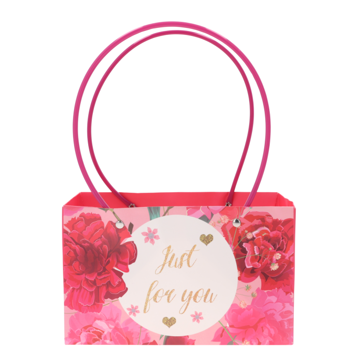 Torebka kwiatowa prostokątna Just For You to elegancka papierowa torebka na bukiety żywych kwiatów i rośliny doniczkowe z nadrukiem, idealna jako prezent florystyczny.
