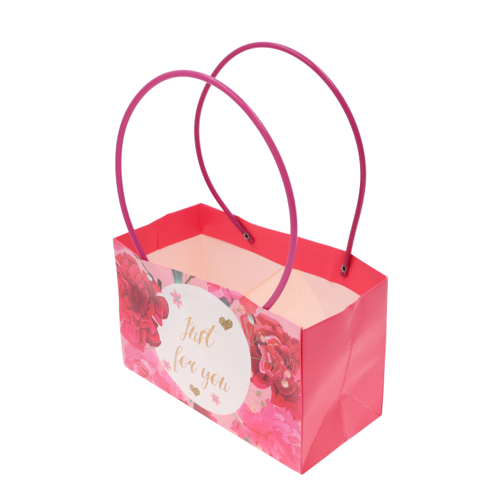 Papierowa prostokątna torebka kwiatowa Just For You 32x22x11 cm doskonale nadaje się do pakowania większych bukietów i kompozycji florystycznych, podkreślając osobisty charakter prezentu.