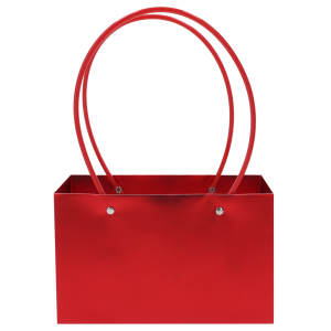 Czerwona torebka kwiatowa 22 cm z wygodnymi rączkami. Papierowe opakowanie o podstawie 22x10 cm, idealne do eleganckiej prezentacji żywych kwiatów i roślin doniczkowych w kwiaciarniach.