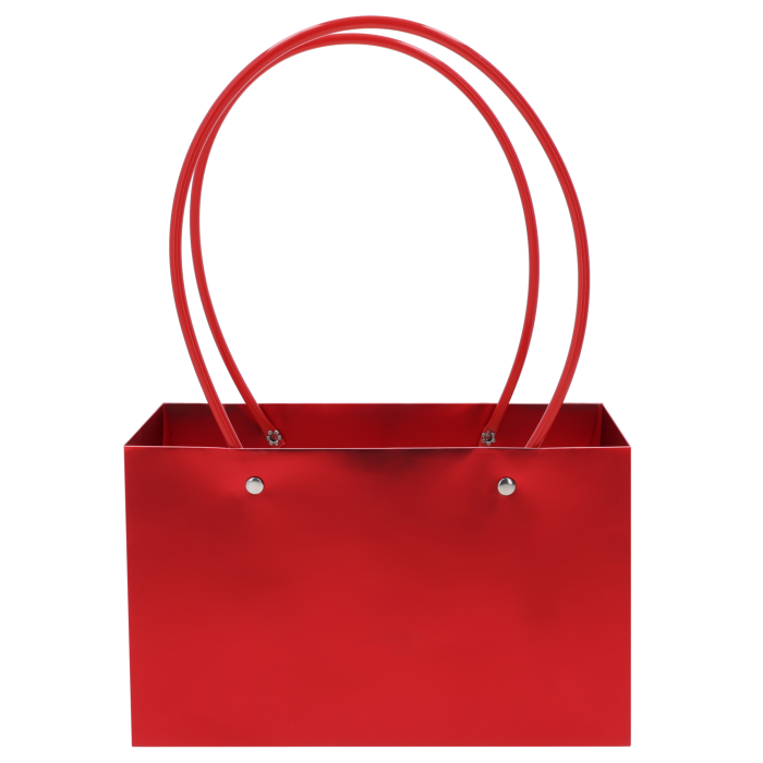 Czerwona torebka kwiatowa 22 cm z wygodnymi rączkami. Papierowe opakowanie o podstawie 22x10 cm, idealne do eleganckiej prezentacji żywych kwiatów i roślin doniczkowych w kwiaciarniach.