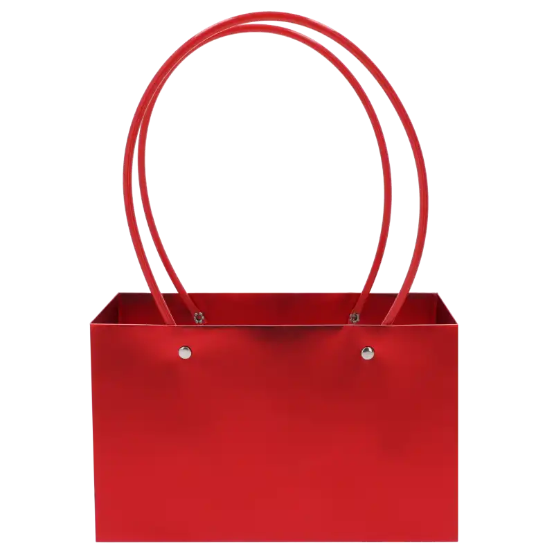 Czerwona torebka kwiatowa 22 cm z wygodnymi rączkami. Papierowe opakowanie o podstawie 22x10 cm, idealne do eleganckiej prezentacji żywych kwiatów i roślin doniczkowych w kwiaciarniach.