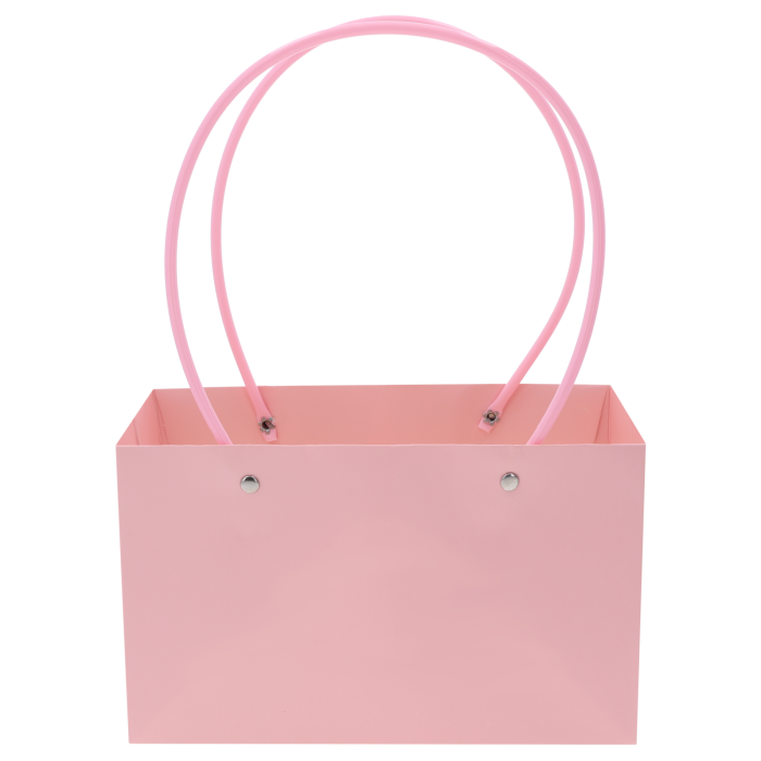 Różowa torebka kwiatowa o wymiarach 32x22x11 cm z wygodnymi uchwytami, przeznaczona do estetycznego pakowania kwiatów ciętych oraz roślin doniczkowych.