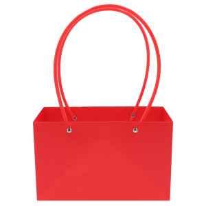 Czerwona torebka kwiatowa 32x22x11 cm z wygodnymi uchwytami, przeznaczona do eleganckiego pakowania bukietów i roślin doniczkowych.