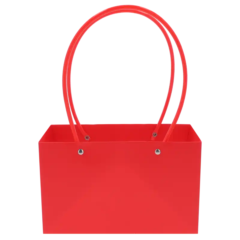 Czerwona torebka kwiatowa 32x22x11 cm z wygodnymi uchwytami, przeznaczona do eleganckiego pakowania bukietów i roślin doniczkowych.