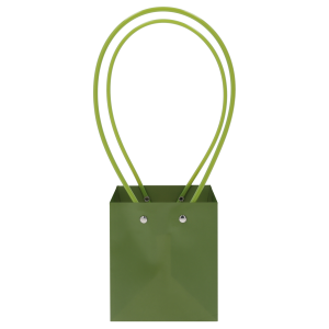 Oliwkowa torebka kwiatowa o wysokości 32 cm z wygodnymi uchwytami. Estetyczne opakowanie na bukiety i rośliny doniczkowe, wykonane z papieru i tworzywa w naturalnym odcieniu zieleni.