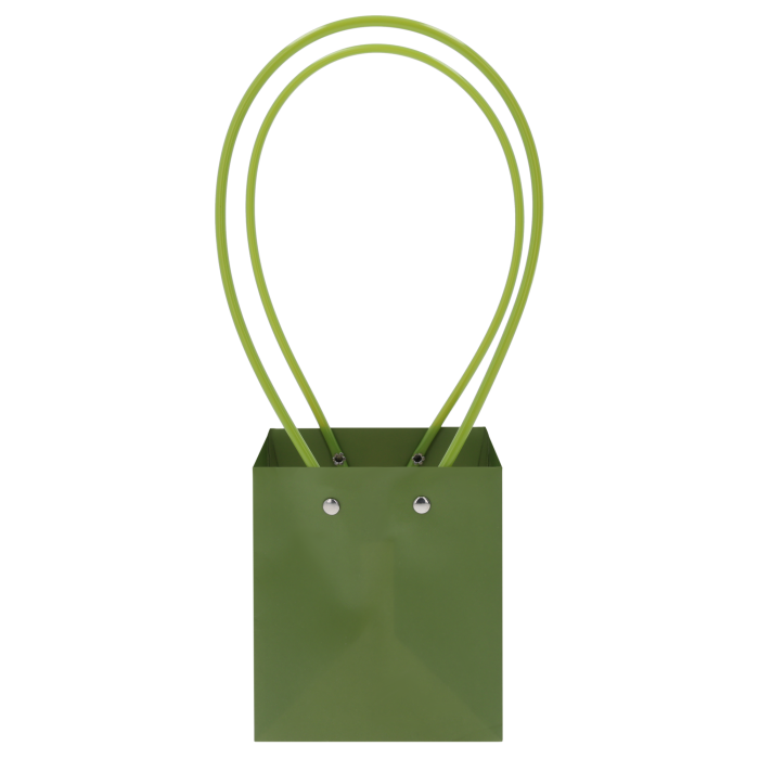 Oliwkowa torebka kwiatowa o wysokości 32 cm z wygodnymi uchwytami. Estetyczne opakowanie na bukiety i rośliny doniczkowe, wykonane z papieru i tworzywa w naturalnym odcieniu zieleni.