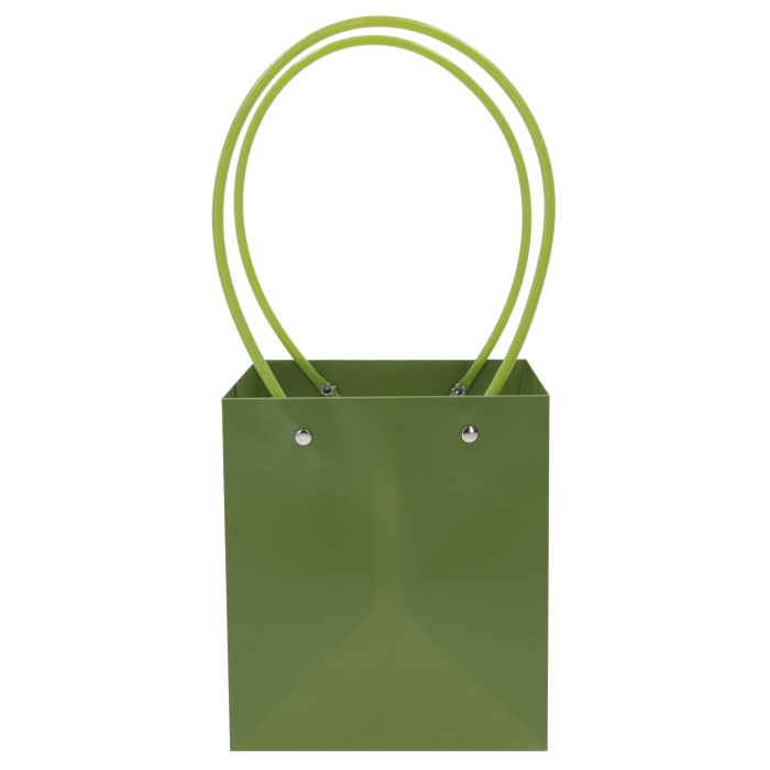 Zielona torebka kwiatowa o wymiarach 35x15x15 cm z wygodnymi uchwytami, idealna do eleganckiej prezentacji bukietów i roślin doniczkowych.