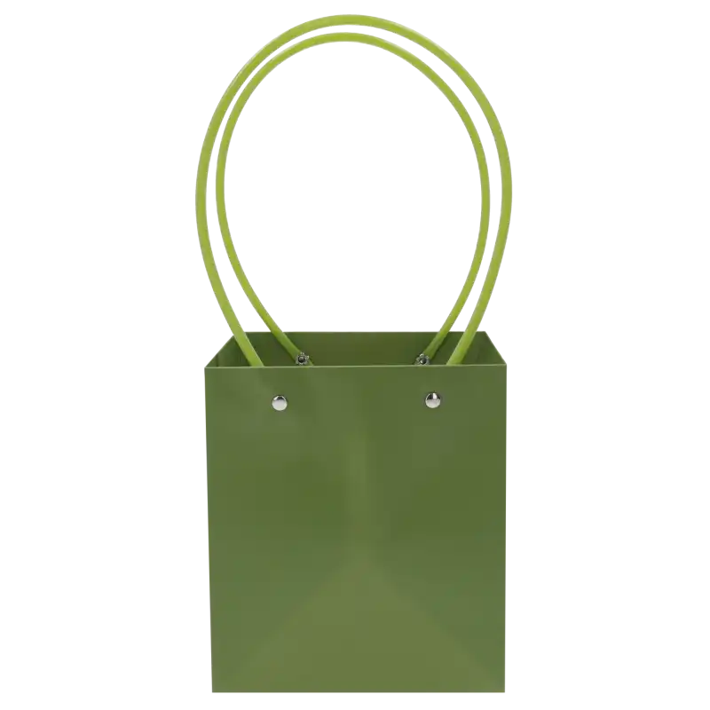 Zielona torebka kwiatowa o wymiarach 35x15x15 cm z wygodnymi uchwytami, idealna do eleganckiej prezentacji bukietów i roślin doniczkowych.