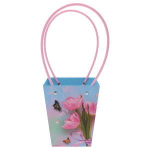 Pusta papierowa torebka kwiatowa w tulipany o wysokości 34 cm z różowymi uchwytami, idealna na prezentowe bukiety.