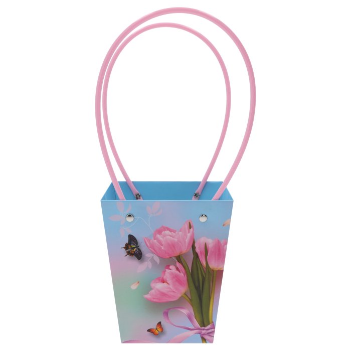Pusta papierowa torebka kwiatowa w tulipany o wysokości 34 cm z różowymi uchwytami, idealna na prezentowe bukiety.