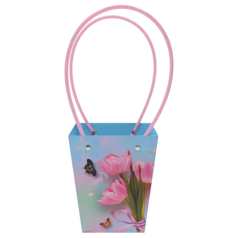 Pusta papierowa torebka kwiatowa w tulipany o wysokości 34 cm z różowymi uchwytami, idealna na prezentowe bukiety.