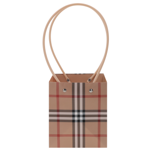 Brązowa torebka kwiatowa w kratkę o wysokości 34 cm z wygodnymi rączkami. Praktyczne torebki prezentowe wykonane z papieru i tworzywa, które podkreślą estetykę każdego bukietu.