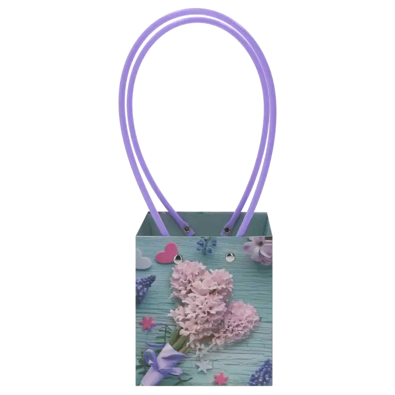 Niebieska torebka kwiatowa o wysokości 32 cm z nadrukiem kwiatów, wyposażona w fioletowe rączki. Idealna do eleganckiego pakowania bukietów i roślin doniczkowych.