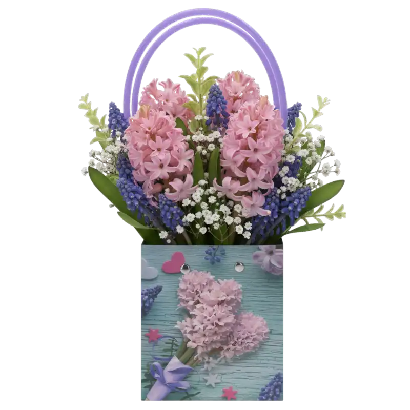 Niebieska torebka kwiatowa 32 cm wypełniona kompozycją z żywych kwiatów, w tym różowych hiacyntów i szafirków. Stylowa oprawa prezentowa z wygodnymi uchwytami.
