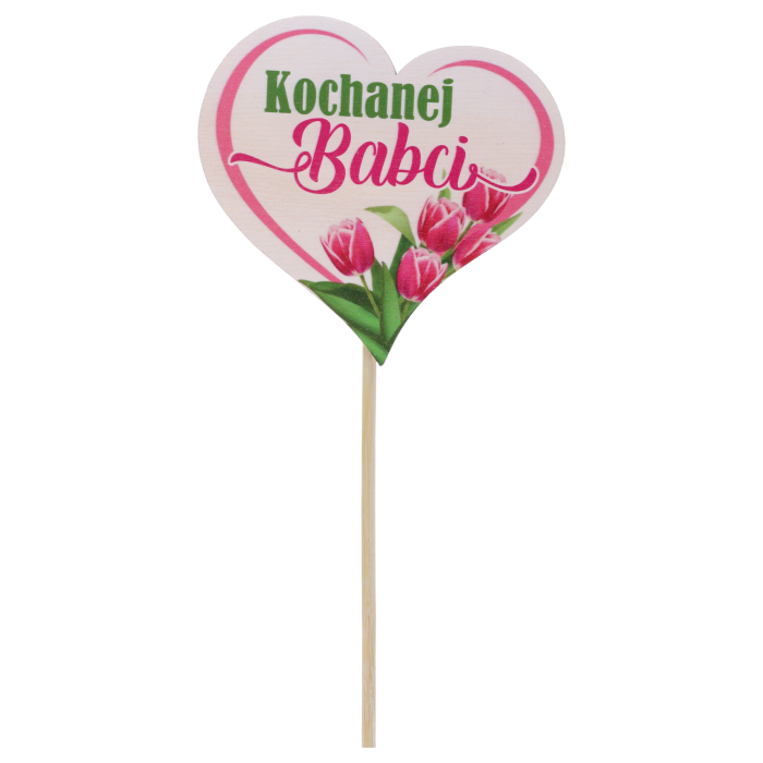 Drewniany topper serce Kochanej Babci o długości 27 cm to ozdobny napis na piku, idealny do dekoracji kwiatów i upominków. Prezentuje się w formie serca z motywem kwiatów.