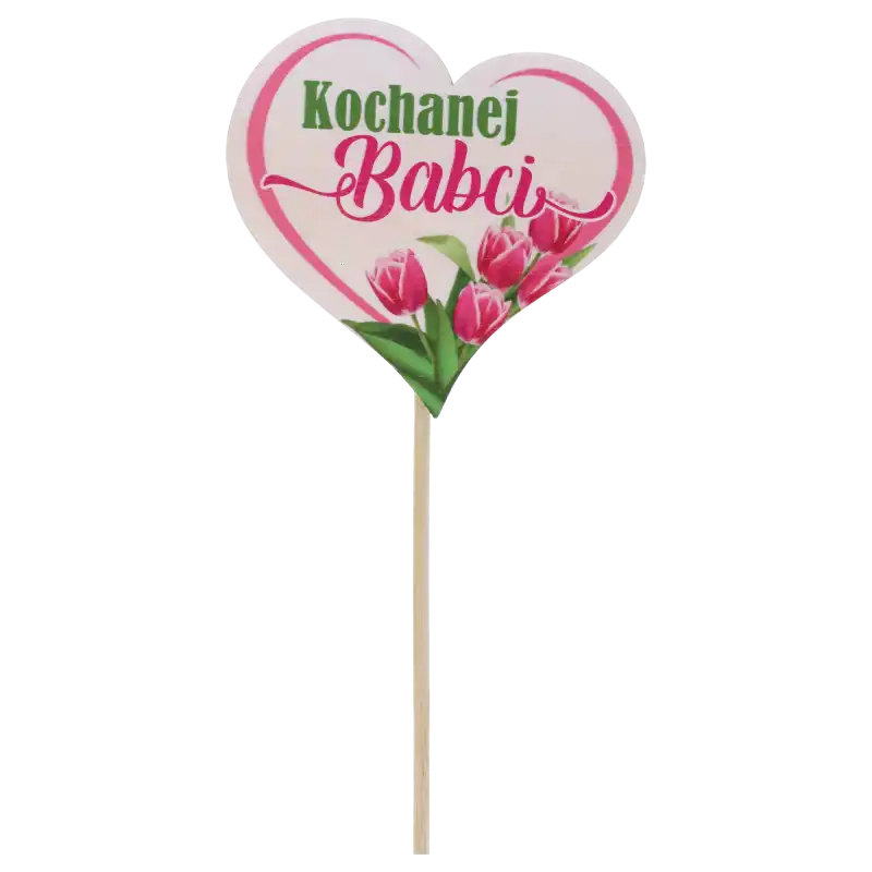 Drewniany topper serce Kochanej Babci o długości 27 cm to ozdobny napis na piku, idealny do dekoracji kwiatów i upominków. Prezentuje się w formie serca z motywem kwiatów.