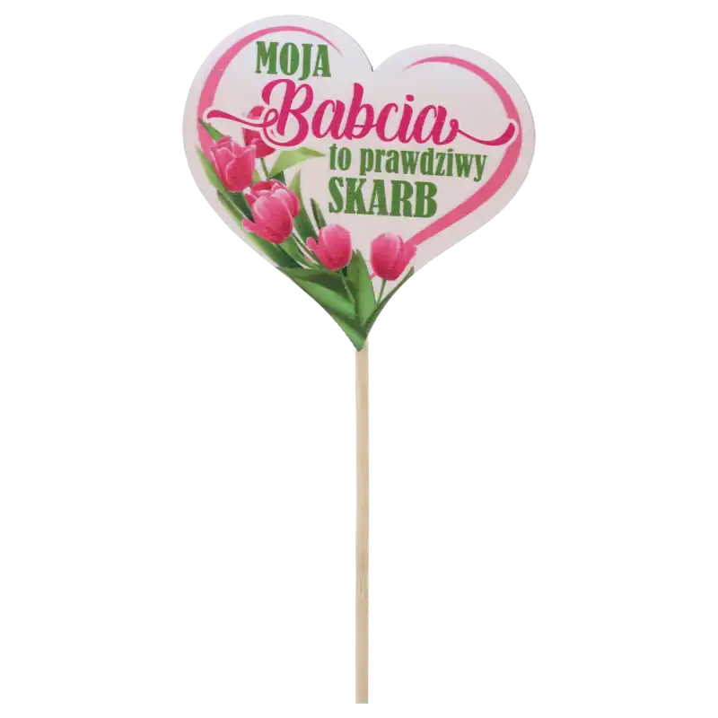 Drewniany topper serce Moja Babcia To Prawdziwy Skarb o długości 27 cm. Ozdoba na piku z nadrukiem kwiatów, idealna do doniczek i bukietów na prezent.
