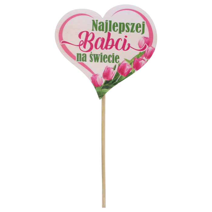 Drewniany topper serce Najlepszej Babci Na Świecie o długości 27 cm. Ozdobny napis na piku do roślin i kwiatów z motywem różowych tulipanów.