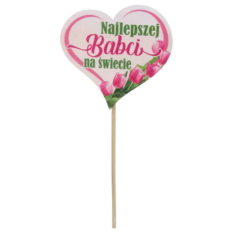 Drewniany topper serce Najlepszej Babci Na Świecie o długości 27 cm. Ozdobny napis na piku do roślin i kwiatów z motywem różowych tulipanów.