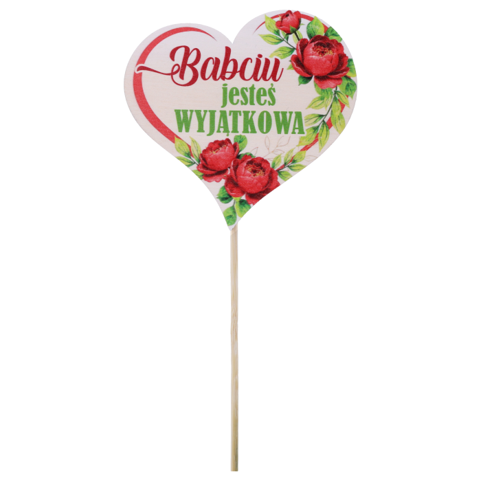 Drewniany topper serce Babciu Jesteś Wyjątkowa o długości 27 cm to idealny dodatek do bukietów i roślin doniczkowych. Dekoracja na piku z motywem kwiatowym, gotowa do umieszczenia w kompozycji.