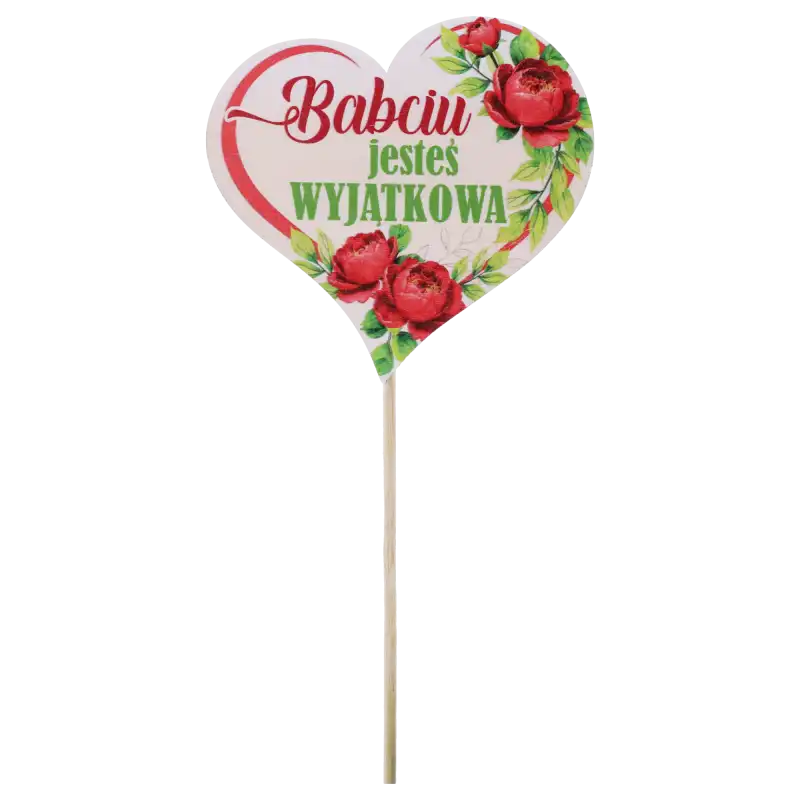 Drewniany topper serce Babciu Jesteś Wyjątkowa o długości 27 cm to idealny dodatek do bukietów i roślin doniczkowych. Dekoracja na piku z motywem kwiatowym, gotowa do umieszczenia w kompozycji.