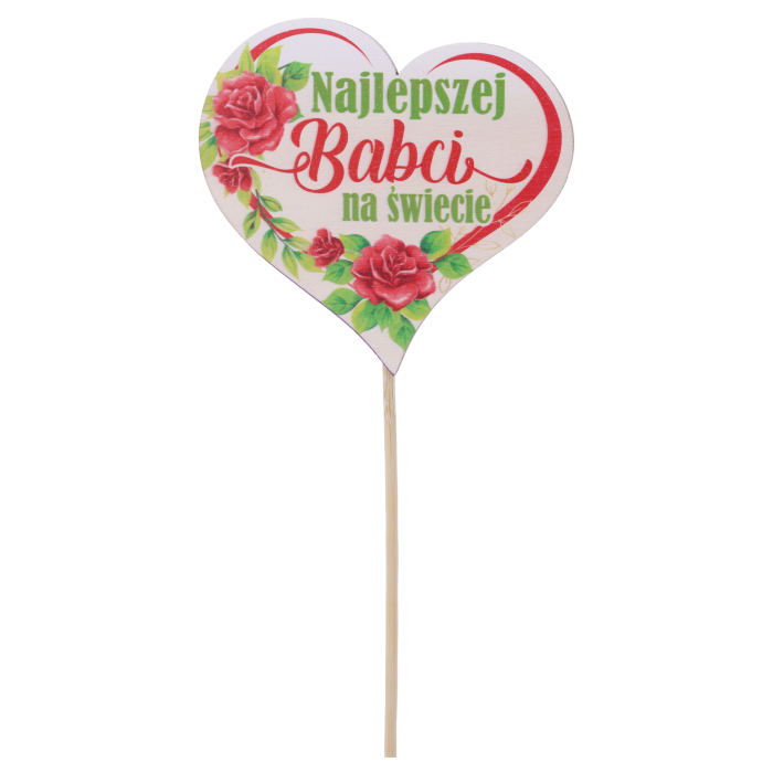 Drewniany topper serce Najlepszej Babci Na Świecie o długości 27 cm. Toppery napisy na piku zdobione motywem róż, idealne do doniczek lub bukietów.