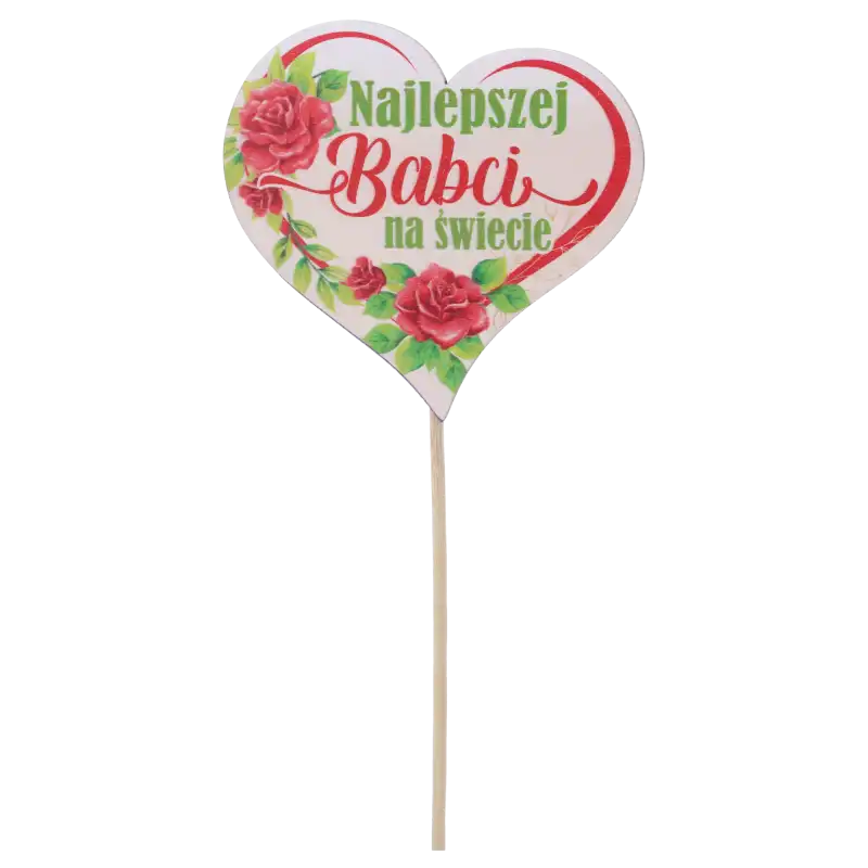 Drewniany topper serce Najlepszej Babci Na Świecie o długości 27 cm. Toppery napisy na piku zdobione motywem róż, idealne do doniczek lub bukietów.