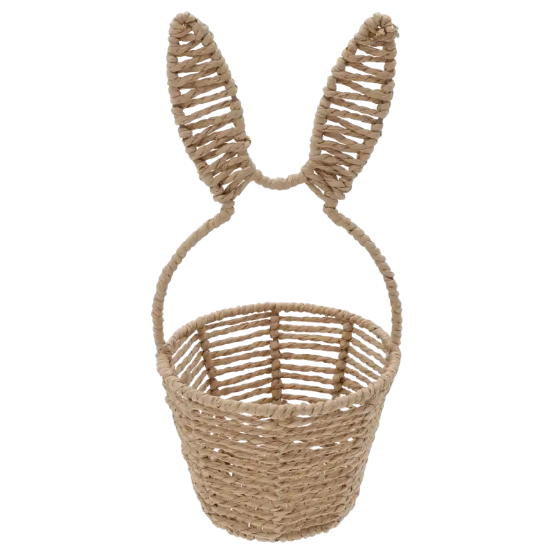 Naturalny okrągły kosz na święconkę z króliczymi uszami o średnicy 16 cm. Pleciony design na metalowym stelażu.