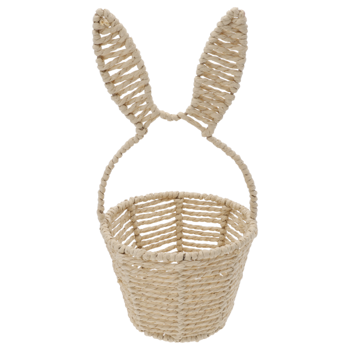 Okrągły kosz z uszami 16 cm z naturalnej plecionki na metalowym stelażu idealny na wielkanocną święconkę, dekorację stołu, wiosenną ozdobę domu, koszyk na prezent i kompozycje kwiatowe dla dzieci i dorosłych 250 znaków.