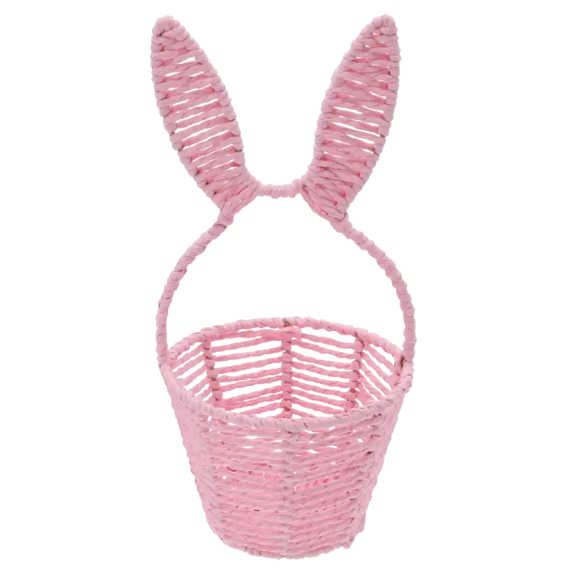 Okrągły różowy kosz na święconkę o średnicy 16 cm z ozdobnymi króliczymi uszami. Lekka plecionka na metalowym stelażu.