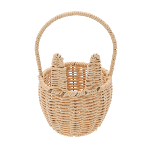 Widok na puste wnętrze okrągłego koszyka o średnicy 14 cm. Widoczny metalowy stelaż podtrzymujący plecionkę i charakterystyczne uszy zająca.