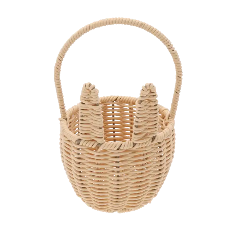 Widok na puste wnętrze okrągłego koszyka o średnicy 14 cm. Widoczny metalowy stelaż podtrzymujący plecionkę i charakterystyczne uszy zająca.