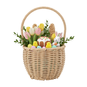 Aranżacja wielkanocna w koszyku z uszami ⌀ 14 cm. Wewnątrz koszyka tulipany, figurka zajączka, pisanki i kurczaczki tworzą gotową dekorację na święconkę.