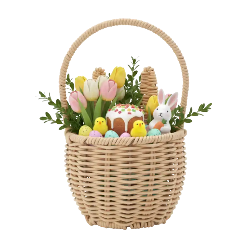 Aranżacja wielkanocna w koszyku z uszami ⌀ 14 cm. Wewnątrz koszyka tulipany, figurka zajączka, pisanki i kurczaczki tworzą gotową dekorację na święconkę.