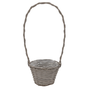 Pusty, okrągły koszyk wiklinowy w kolorze brązowym o wysokości 45 cm z wysoką rączką oraz folią ochronną wewnątrz.