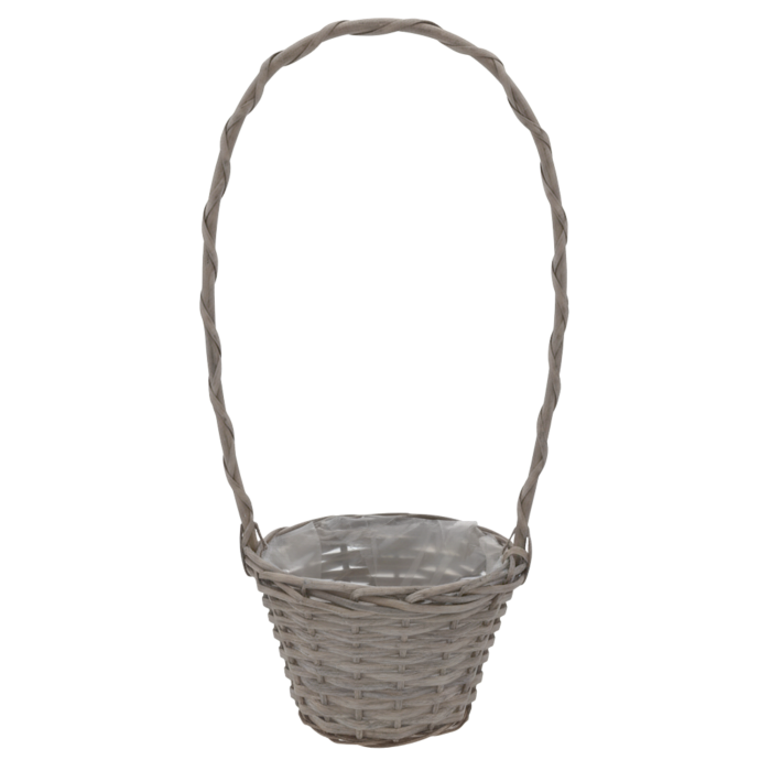 Pusty, okrągły koszyk wiklinowy w kolorze brązowym o wysokości 45 cm z wysoką rączką oraz folią ochronną wewnątrz.