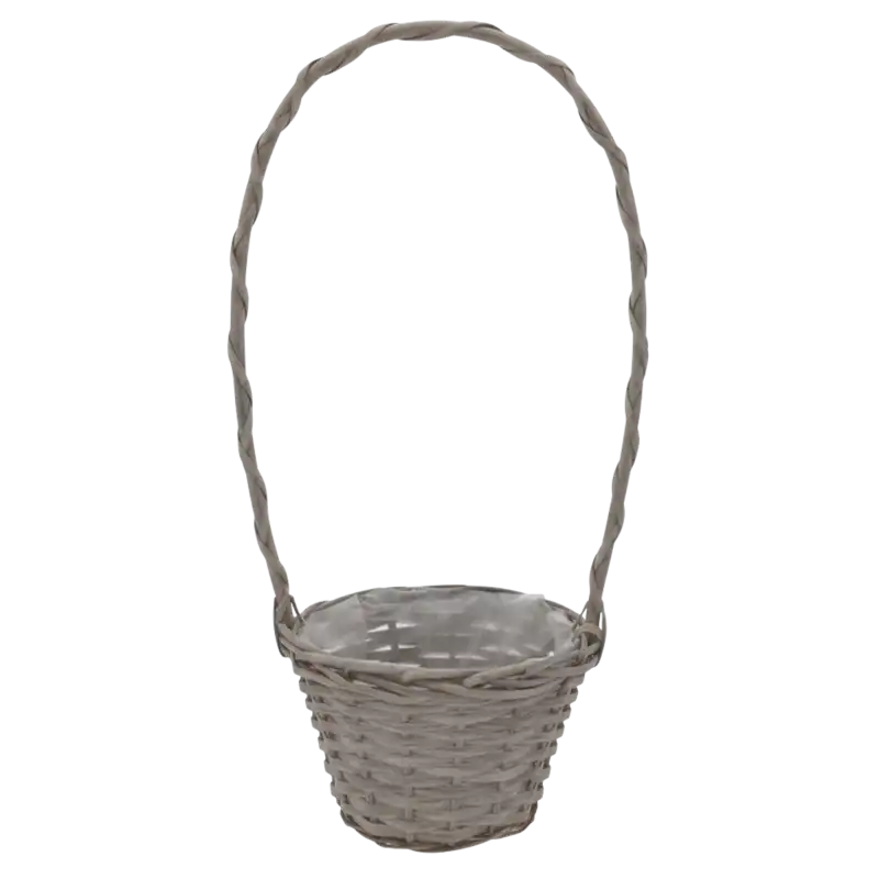 Pusty, okrągły koszyk wiklinowy w kolorze brązowym o wysokości 45 cm z wysoką rączką oraz folią ochronną wewnątrz.
