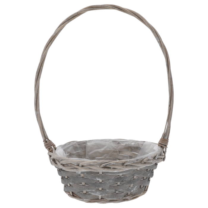 Pusty, brązowy kosz wiklinowy delikatesowy o średnicy 40 cm. Posiada okrągły kształt, wysoki pałąk oraz folię ochronną wewnątrz.