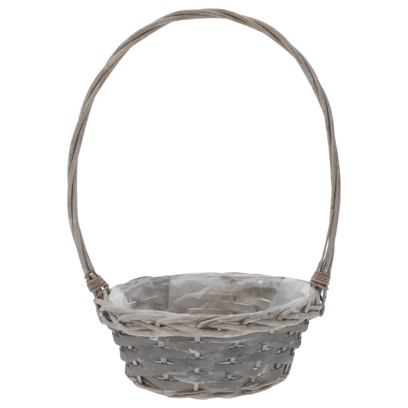 Pusty, brązowy kosz wiklinowy delikatesowy o średnicy 40 cm. Posiada okrągły kształt, wysoki pałąk oraz folię ochronną wewnątrz.