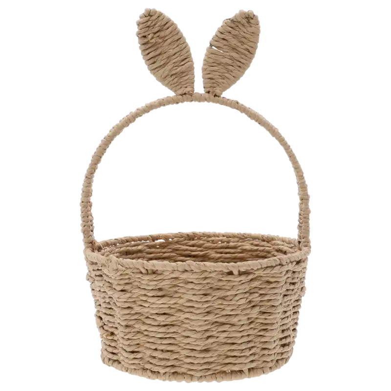 Naturalny koszyk na święconkę z króliczymi uszami o średnicy 20 cm. Estetyczna plecionka na stelażu, idealna baza pod wiosenne dekoracje.