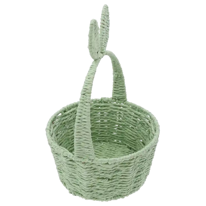 Wielkanocny koszyk w kolorze zielonym z charakterystycznymi uszami królika. Ujęcie z góry ukazujące wnętrze kosza o głębokości 9 cm oraz estetyczną strukturę plecionki.