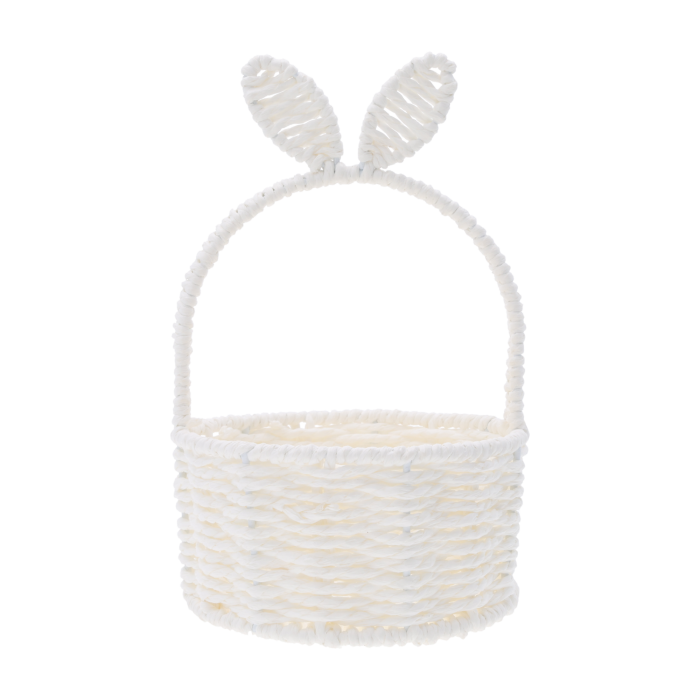 Zielony kosz na święconkę z króliczymi uszami o średnicy 16 cm. Produkt na metalowym stelażu, idealny jako wiosenna dekoracja do domu lub baza na wielkanocny stroik.