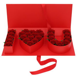 Czerwony flowerbox z napisem I♡U wypełniony żywymi różami, gotowa kompozycja prezentowa o szerokości 45 cm.
